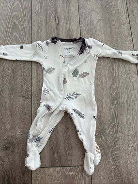 Organic Cream Footed One-Piece with Woodland Leaf Print